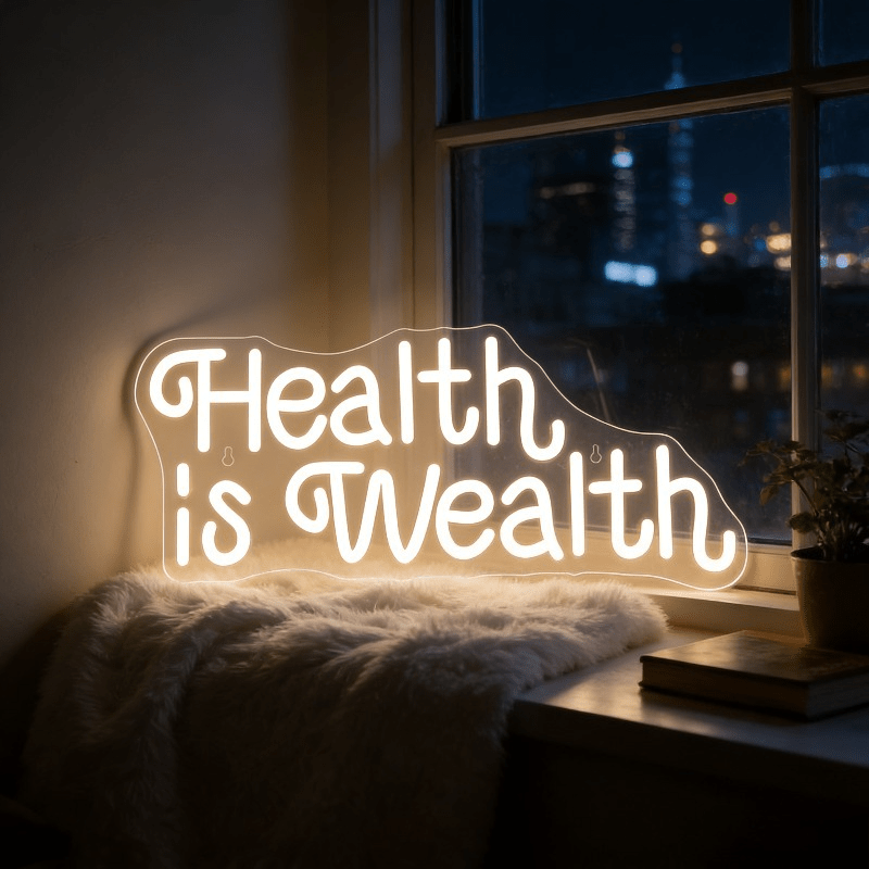 Health Wellness And Lifestyle - Zdrowie to bogactwo Neonowy Znak LED